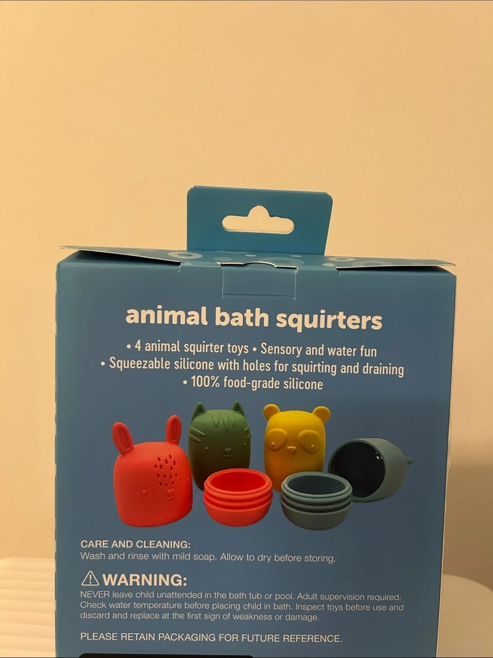 Meijer Animal Bath Squirters 4-Pack — Yellow, Green, Coral, Light Blue